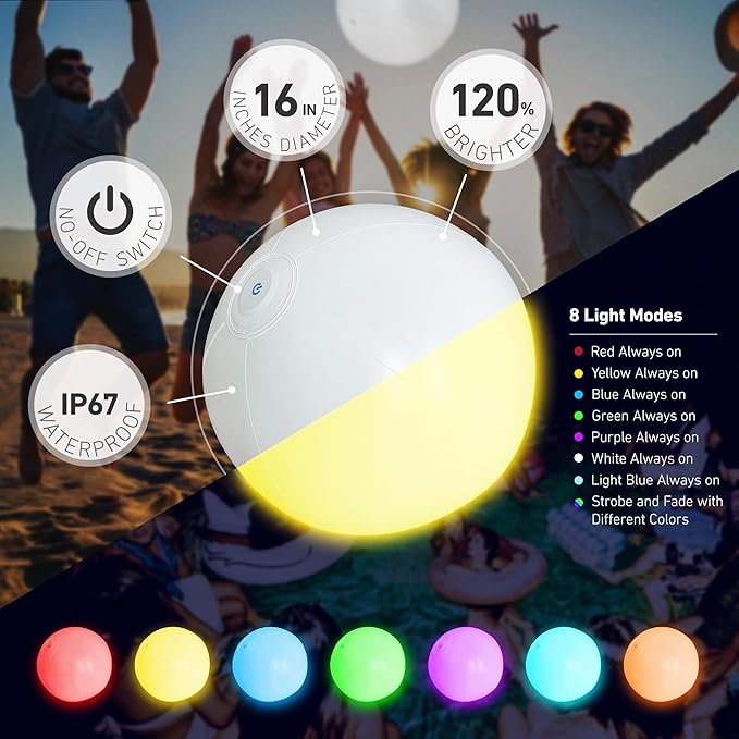 Pool Toys - 16" Light Up Beach Ball, 1/2/4 Pack Glow in The Dark Balls with 8 LED Modes, Pool Games for Adults, Teens and Kids, LED Ball for Outdoor or Indoor Activities