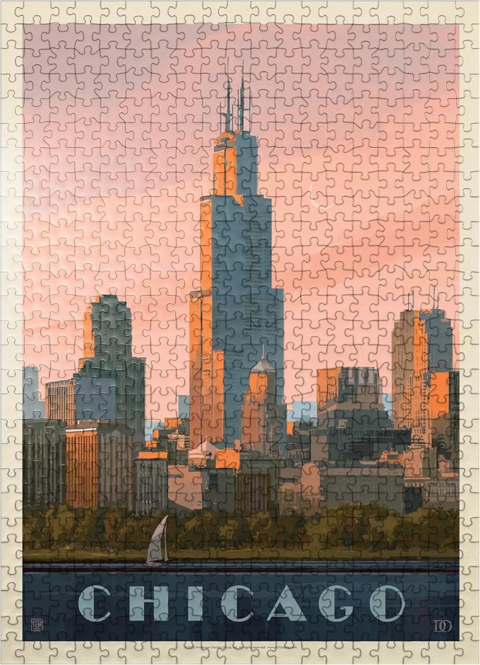 MyPuzzle Chicago Skyline: Lake Michigan, Vintage Poster - Premium 500 Piece Jigsaw Puzzle for Adults