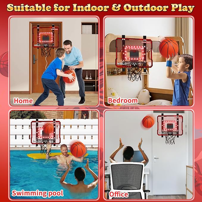 Adjustable Height Basketball Hoop Indoor with LED Lights, Basketball Toys Gifts for 5 6 7 8 9 10+ Year Old Boys Kids, Indoor Over The Door Mini Basketball Hoops with Electronic Scoreboard & 3 Balls