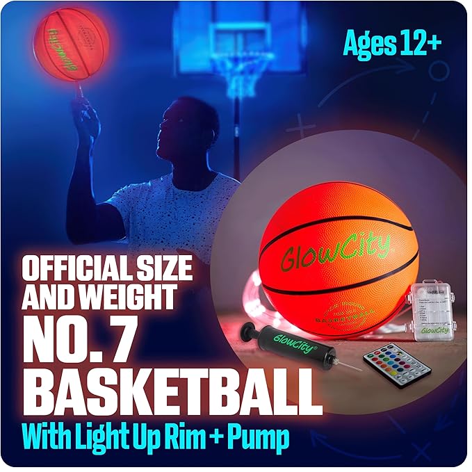 GlowCity Glow in The Dark Basketball - Size 5, 6, 7 Light Up Ball for Kids, Teens & Adults - Night Outdoor Games - Sports Birthday Gifts Ideas for Boys Ages 6 7 8 9 10 11 12 13 14 15