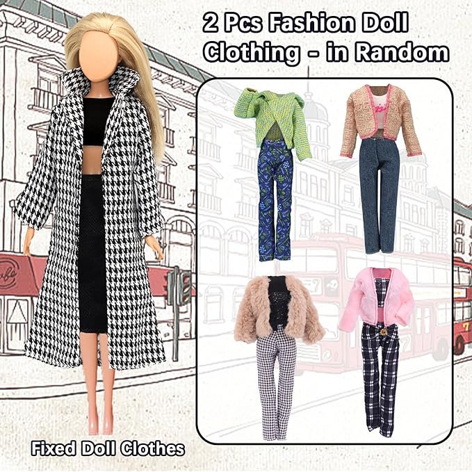 20 Pcs Doll Clothes for 11.5 inch Doll Include 1 Houndstooth Set 2 Winter Sets 1 Faashion Dress 1 Long-Sleeved Outfit and 16 Dolls Accessories in Random Christmas Birthday Gift for Girls