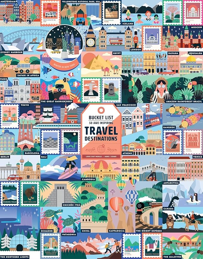 Ridley's: 50 Awe-Inspiring Travel Destinations Bucket List 1000-Piece Puzzle - Unique Art Style for Travel Lovers - Room Décor After Completion