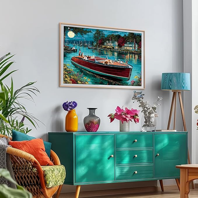 300 Piece Puzzles for Adults, 300 Piece Puzzles for Adults Large Piece, Nighttime Lake Boat Dogs Cats Jigsaw Puzzle Funny Gift for Adult Kids Challenging Family Games Toy, 20.5 X 15 in