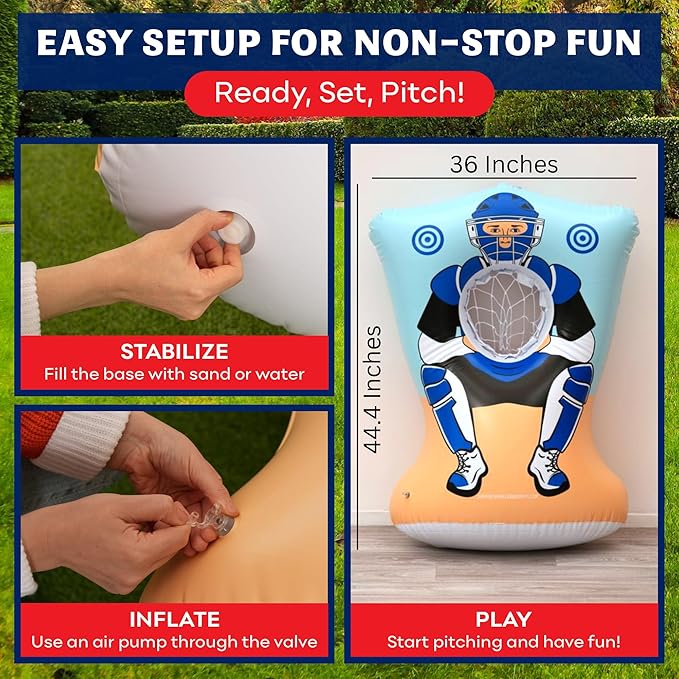 Inflatable Baseball Pitching Target for Kids 3 and Above - Double-Sided Throwing Toss Game with 4 Soft Balls - Indoor Outdoor Baseball Toys Training Equipment - Red/Blue