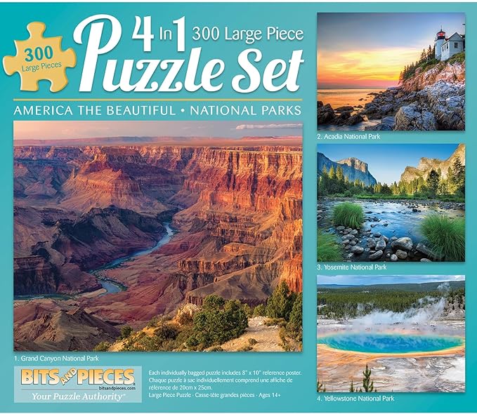 Bits and Pieces - 4-in-1 Multi-Pack 300 Piece Jigsaw Puzzles for Adults - 300 pc Large Piece America The Beautiful National Parks Puzzle Set Bundle - 16" x 20" (41cm x 51cm)