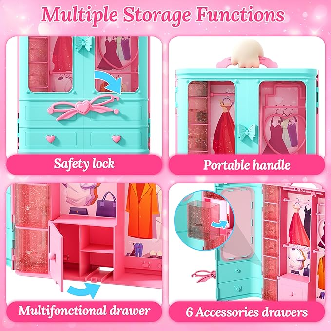 Style Shine 70 Pcs Doll Closet with Clothes & Accessories Playset,2 Wedding Gowns 6 Fashion Dresses 2 Tops 2 Pants 2 Swimsuits 10 Shoes 20 Hangers 27 Accessories Toys for Girls Kids Birthday Gifts