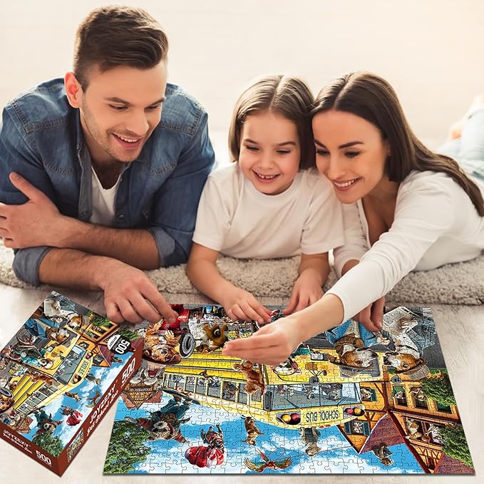 Puzzles for Adults 500 Pieces, Pet School Bus 500 Piece Puzzle Family Game Funny Dog Jigsaw Puzzles