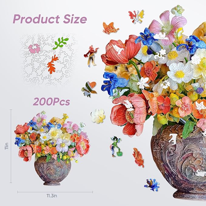 Delobil Flower Wooden Puzzles for Adults, 200 Pieces Vase Jigsaw Puzzles, Unique Shaped Medium Size Wood Puzzle Birthday Gifts for Mom Adults and Kids, Family Game 11'' x 11.3''