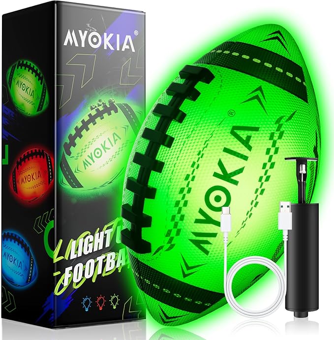 RGB Waterproof Rechargeable Light Up Football Birthday Gift, Glow in The Dark Football with Pump & USB Cable, Tri-Color (Red, Green, Blue), Size 6, Outdoor Night Games
