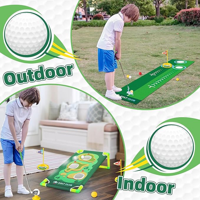 Liberry Kids Golf Set Aged 3 4 5 6 for Boys Girls, Retractable Toddler Golf Clubs Set with Putting Mat & Cornhole Board, Outdoor Indoor Sports Toy Birthday Gifts