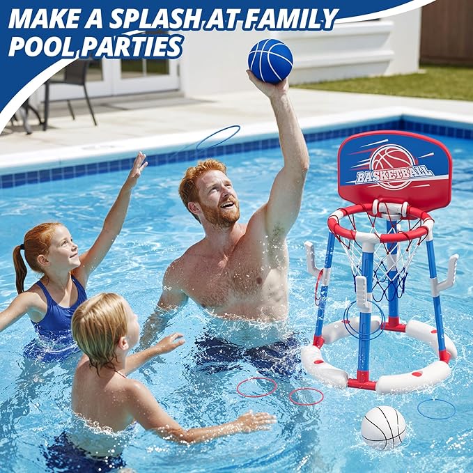 2 in 1 Pool Basketball Hoop with Backboard & Ring Toss Game, Floating Pool Toy - Anti-Tip Stable Base - with 4 Balls/8 Rings/Pump - Summer Water Indoor Outdoor Toy Gifts for Kids 4-8 & Adults, Red