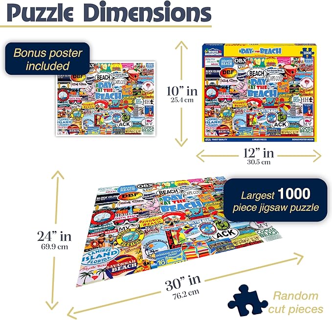 White Mountain 1000 Piece Jigsaw Puzzle Fun Summer Location Collage Puzzles with Large Pieces Gift for Adults and Family 24"x30" - A Day at The Beach