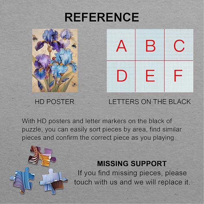 Beautiful Iris Flower Puzzles for Adults 1000 Pieces Spring Nature, Vintage Plant Art Jigsaw Puzzles, Bee Ladybug Floral Landscape Aesthetic Puzzle