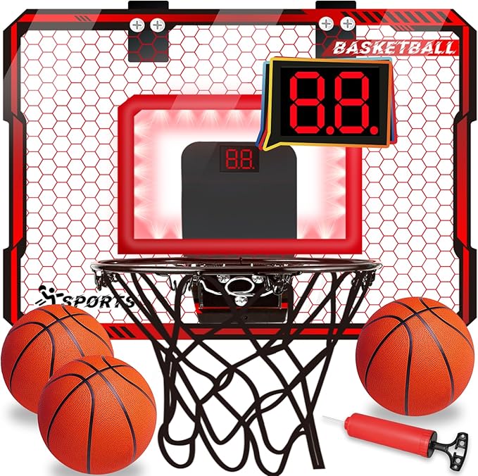 Basketball Hoop Indoor with LED Lights, Basketball Toys Gifts for 5 6 7 8 9 10+ Year Old Boys Kids, Indoor Over The Door Mini Basketball Hoops with Electronic Scoreboard & 3 Balls