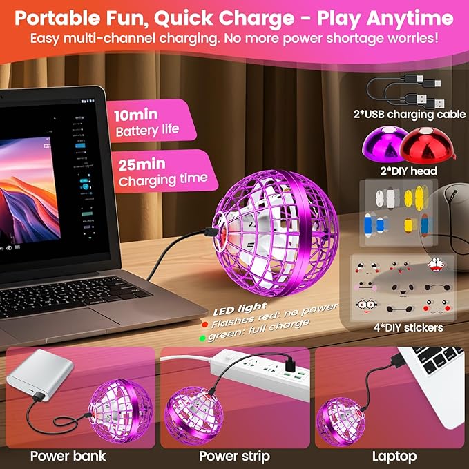 Flying Orb Ball Toy, 2026 Upgrade Hand Controlled Hover Ball with LED Lights, 360° Rotating Boomerang Globe, Cool Mini Drone, Ideal Birthday&Christmas Gift for Boys Girls-Red & Purple