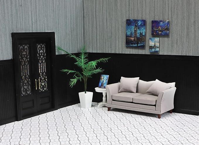 iLAND Dollhouse Flooring on 1/12 Scale 1/6 Scale, Miniature Dollhouse Accessories, 115pcs Double-Sided Dollhouse Floor Tiles (French White Floral & Grey Marble Tiles)