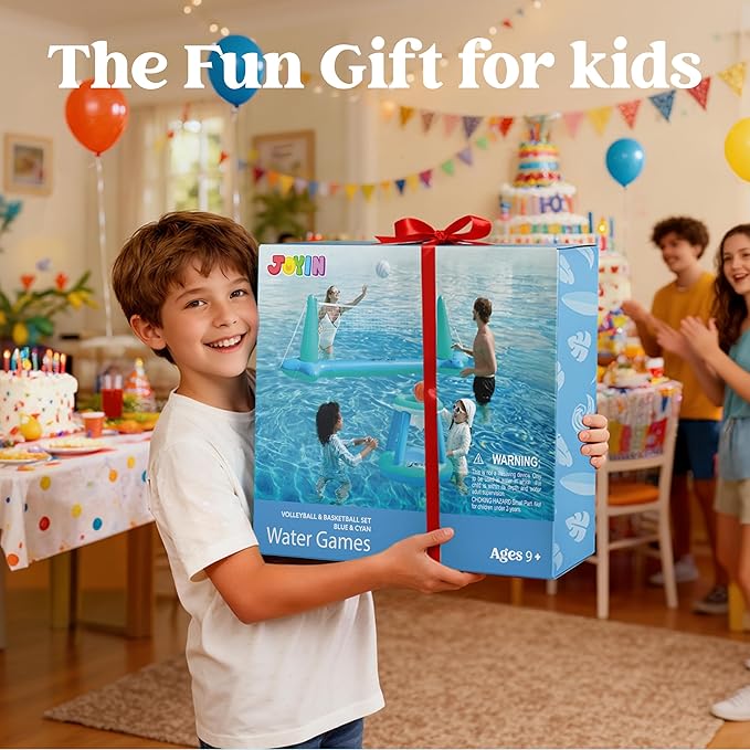 JOYIN XL Inflatable Pool Float Set, 125'' Volleyball Net & Basketball Hoops, Extra Large Floating Swimming Game Toy for Kids and Adults, Summer Floaties, Volleyball Court|Basketball, XL-Blue, Cyan