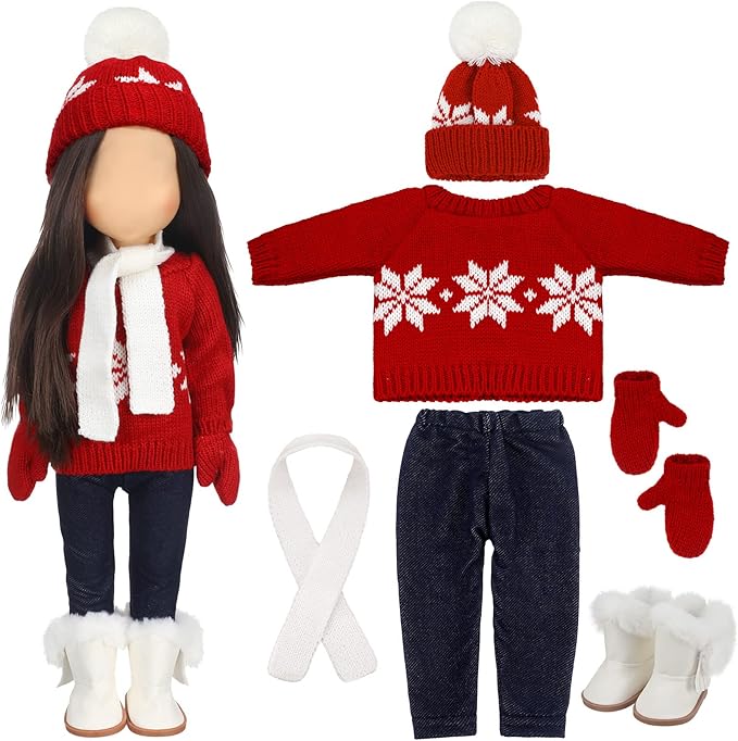 Bencailor 6 Pcs 18 Inch Christmas Doll Clothes and Accessories Winter Outfits Set Sweaters Trousers Hats Shoes Gloves for 18 Inch Doll Gifts(Red White)
