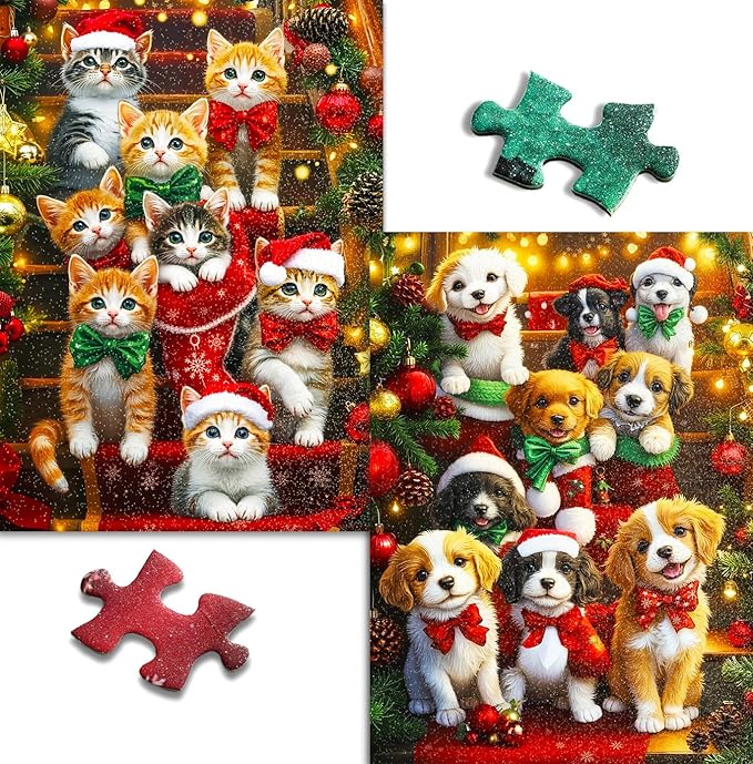Christmas Puzzles 1000 Pieces, 2-Pack. Sparkling Christmas Vacation Games with Pets - Family Jigsaw for Adults, Fun, Cats & Dogs Scene Wall Art(26.77x19.29 in)