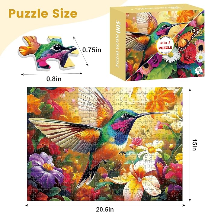 2-Pack 500 Pieces Puzzles for Adults, Flower Hummingbird Puzzles 500 Pieces Butterfly Jigsaw Puzzles for Adults, Birthday Party for Family, Game Nights Gifts