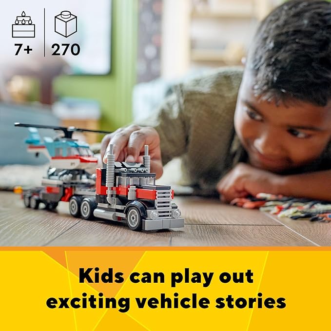 LEGO Creator 3 in 1 Flatbed Truck with Helicopter Toy, Transforms from Flatbed Truck Toy to Propeller Plane to Hot Rod and SUV Cars, Gift Idea for Boys and Girls Ages 7 Years Old and Up, 31146
