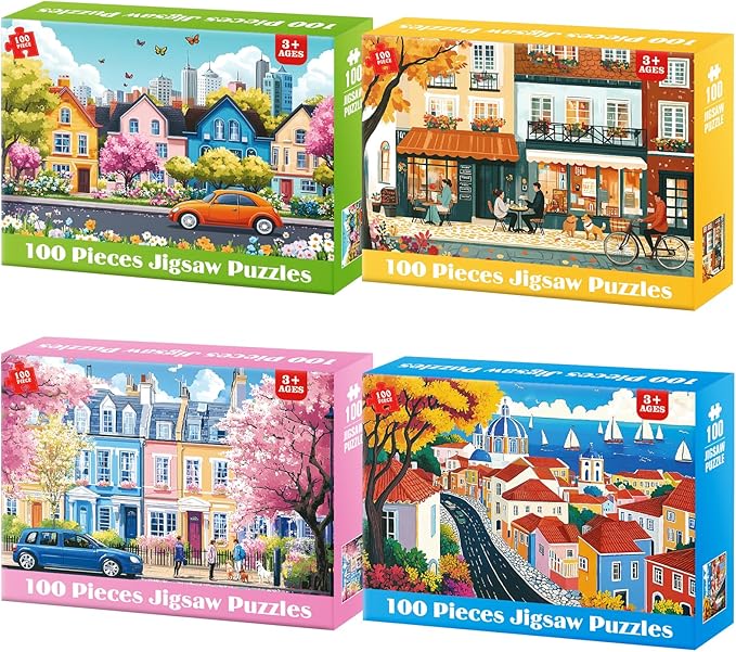 4 Packs 100 Piece Puzzles for Kids Adults, 4 in 1 Jigsaw Puzzles for Kids Ages 6-8 8-10, Beautiful House Large Piece Puzzle for Seniors Learning Educational Children Puzzle 5-8 for Boys and Girls