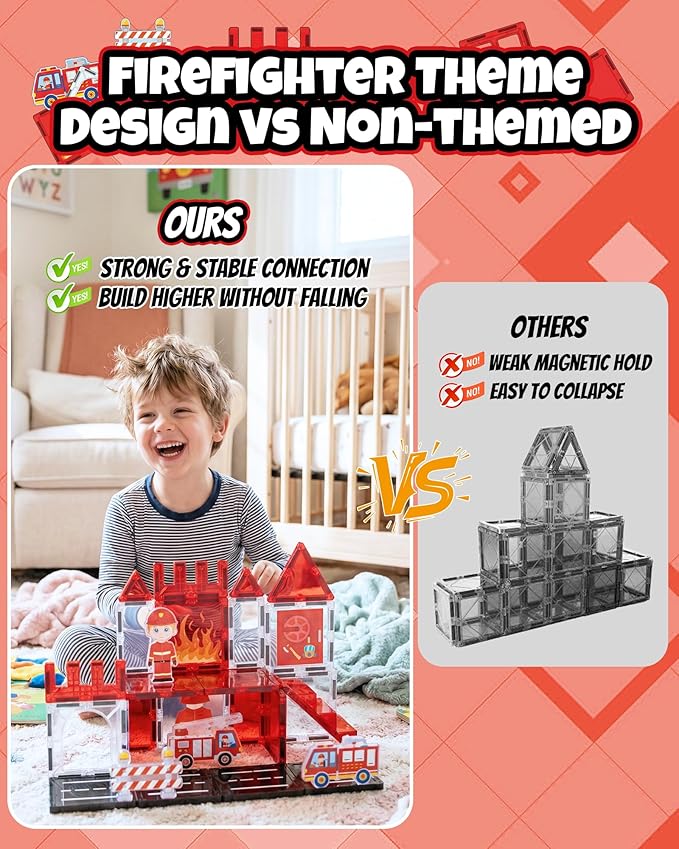 Magnetic Tiles for Kids Ages 3+, Fire Rescue Magnetic Tiles Building Blocks with Rescue Scene Pieces, Firefighter Elements & Accessories, STEM Toys for Toddlers, Ideal Gift for Boys and Girls