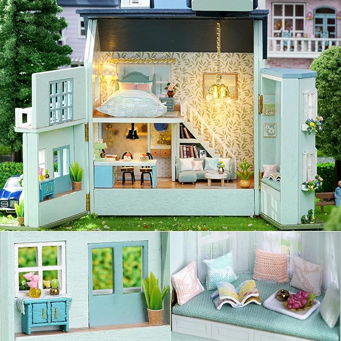 TuKIIE DIY Miniature Dollhouse Kit with Furniture, 1:32 Scale Creative Room Opened & Closed Mini Wooden Doll House for Kids Teens Adults(Warm House)