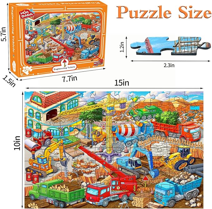 Puzzles for Kids Ages 5-8 6-8 8-10 Year Old - Busy Engineering Vehicle - 100 Pieces Jigsaw Puzzle for Kids 100 Piece Puzzle for Adults Learning Educational Puzzles for Boys Girls