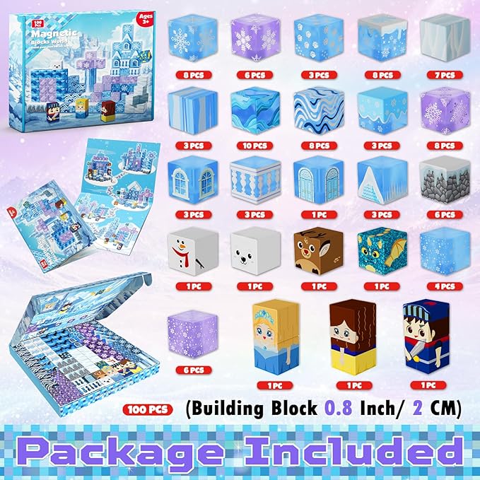 Magnetic Blocks - 100Pcs 0.8in Magnetic Building Block for Kids Ages 4-8, Transparent Magnet Block Blue Princess Castle, Magnet Cubes Tiles Princess Toy for Girl 3 4 5 6 7 8-12 Easter Birthday Gift