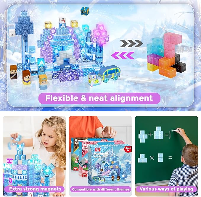 200 PCS Magnetic Blocks, Light Up & Transparent Magnetic Building Block for Blue Snow Princess Castle, Magnet Cubes Frozen Toys for Girls Age 3 4-8 8-12 Birthdays Gift for Kids, Easter Basket Stuffers