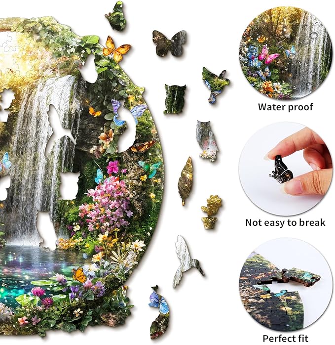 Wooden Puzzles for Adults, Butterflies and Waterfalls Jigsaw Puzzles, 104 Piece Unique Shaped Puzzle, 3D Visual Landscape Shape Puzzle, Gifts for Adults，Wall Decor(8.5 * 8.2 in)