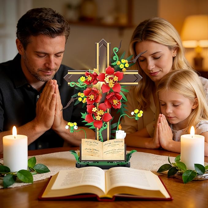 Jesus Cross Flower Building Set, Religious Cross Collectibles Jesus Catholic Building Toys, Christian Crucifix Floral Decor Display, Easter, Christian, Birthday Gift for Kids, Women & Adults (381 PCS)