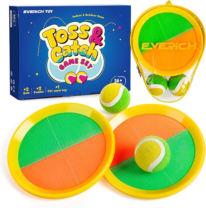 EVERICH Upgraded Toss and Catch Ball Game Set - Indoor and Outdoor Games for Kids 3-12, Beach Sand Pool Water Toy Includes 2 Paddles 2 Sticky Balls, Great Birthday Easter Gifts for Boys Girls