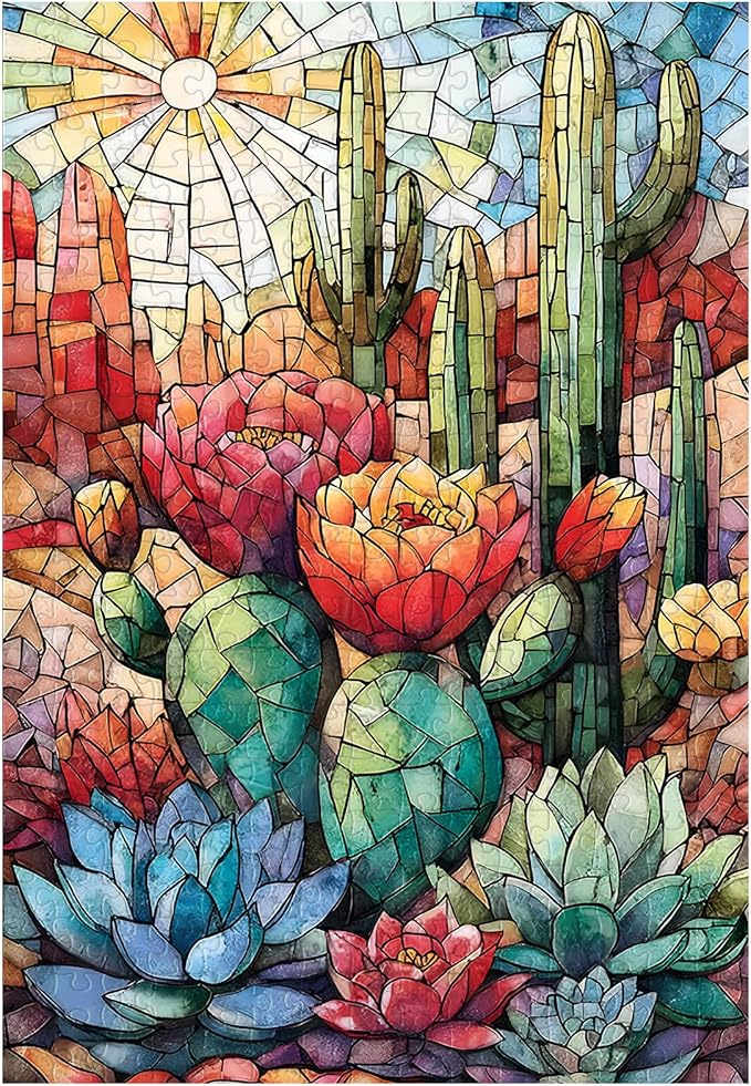 Great Jigsaw Puzzles for Adults 300 Pieces Stained Glass Cactus Puzzles for Adults Toys Gift Family Decoration Kids Puzzle