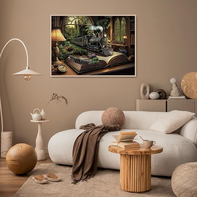 Train Fantasy Forest Puzzle 1000 Pieces for Adults, Magic Book Vintage Castle Jigsaw Puzzles, Nature Plant Tree Bookshelf Puzzles