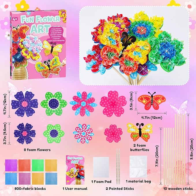 MUNDIDO Poke in Fun Art Flower Bouquet, Mess Free Paper Craft Kits for Kids, DIY Creative Activity Gifts for 6 7 8 9 10 Year Old Girls, Birthday Gifts for Girls Boys Age 5-12 Easter Basket Stuffers