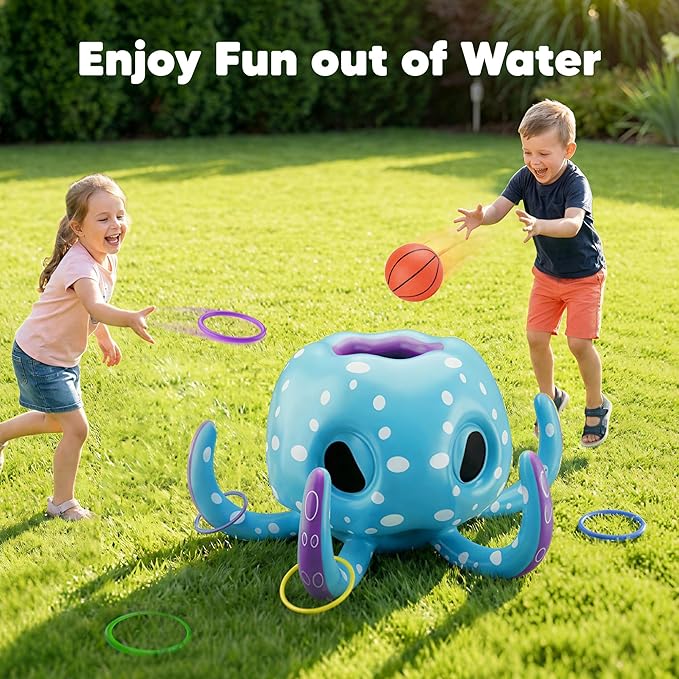 Funscape Octopus Pool Toys, 2-in-1 Inflatable Floating Pool Game, Basketball Hoop & Ring Toss Water Game, Outdoor Summer Beach Backyard Play, Cool Family Party Gift 3 4 5 6 7 8 Year Old Boy Girl Child