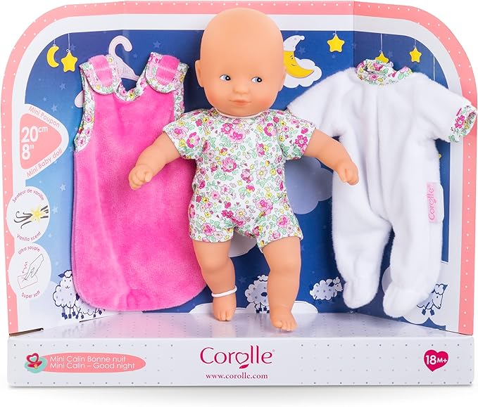 Corolle Mini Calin “Good Night” Blossom Garden - 8" Soft Boy Baby Doll with Vanilla Scent, White and Pink Pajamas, Sleeping Bag & Sleeping Eyes for Girls Ages 18 Months+, Cute Reborn Realistic