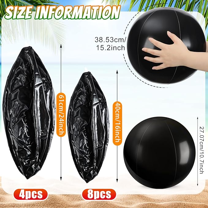 Sinmoe 12 Pieces Large gaint Inflatable White Beach Ball Bulk Solid Swimming Pool Floating Blow up Ball DIY Paint Craft for Boys Girls Hawaii Luau Birthday Beach Summer Party(16 Inch, 24 Inch,Black)