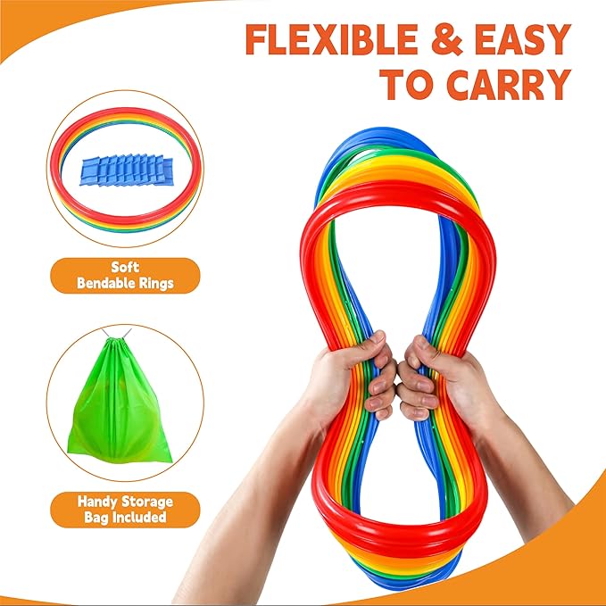 Hopscotch Rings, 2-Set – 20 Round Hoops (11-inch) + 30 Connectors, Agility Rings for Kids, Builds Gross Motor Skills, Preschool & Kindergarten PE, Indoor/Outdoor Playground Obstacle Course
