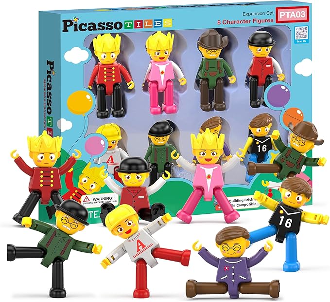 PicassoTiles Magnetic Tiles Compatible 8pc Character Action Figures Arms Legs Move in Different Directions Magnet Tile Toddler Picasso Add On Set Educational Toddlers Toy Pretend Play Ages 3+ PTA03