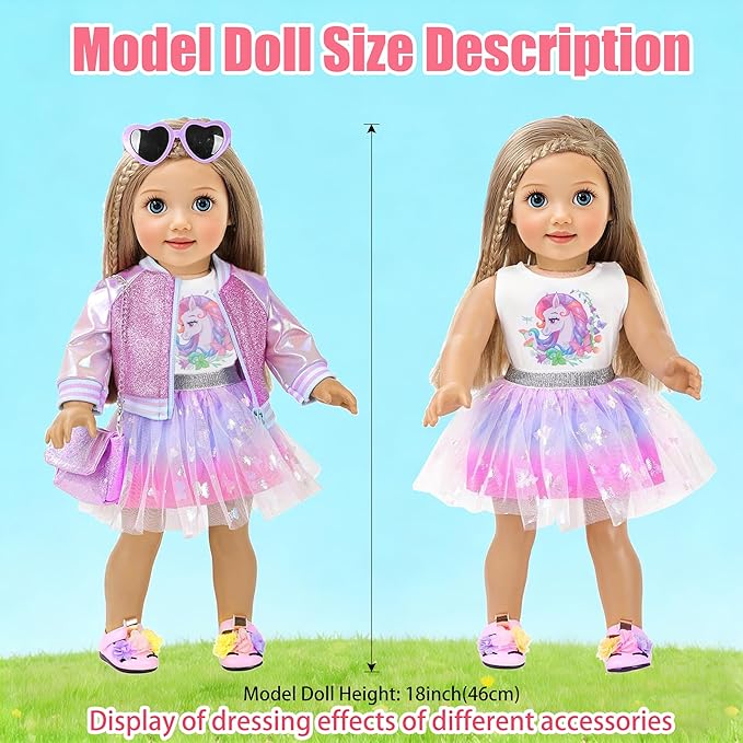ebuddy 18 Inch Doll Clothes and Accessories - Unicorn Outfit with Glitter Jacket, Tulle Skirt, Purse, Sunglasses & Accessories for 18" Dolls (Doll Not Included)