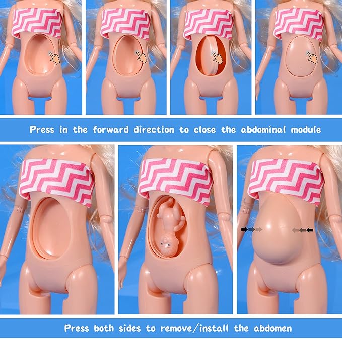 Family Dolls Set of 7 People Include Pregnant Mom Dad 4 Kids, a Small Baby in Mommy's Tummy,a Puppy Dog and a Little Horse, Doll Playsets and Accessories for 3-12 Years Old Toddlers Gift
