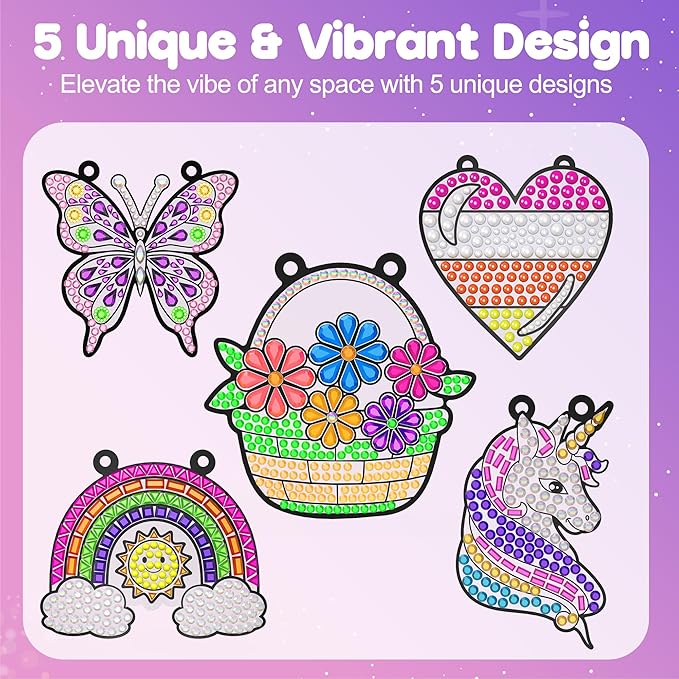 ZIZZ Diamond Painting Suncatcher Kits for Kids: 5PCS Easter Basket Stuffers for Kids, Birthday Gifts for Girls, Art & Crafts Supplies, Party Favors, Creative Toys for Girls Boys 4 5 6 7 8 9 Years Old