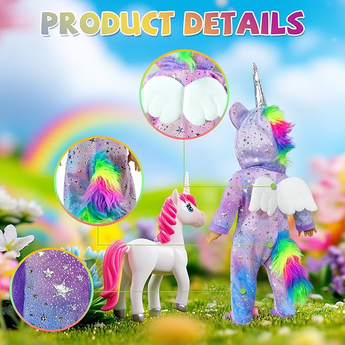 WONDOLL American 2-Sets 18-inch Doll Clothes Set - Amazing Rainbow Unicorn Clothes with Hair Clip and Headband - Compatible with All 18 inch Dolls Accessories Gifts for Kids -Purple（no Doll）