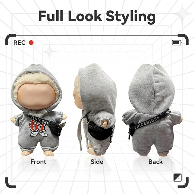 Street Style for LABUBU Clothes or LABUBU Outfits, 6-7 Graphic Hooded Romper with Fanny Pack,Streetwear Clothes for Collectible Dolls,Street Style Hoodie Outfit