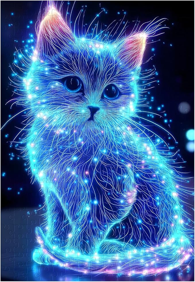 Great Jigsaw Puzzles for Adults 300 Pieces Animal Cute Blue Glowing Cat Puzzles for Adults Toys Gift Family Decoration Kids Puzzle