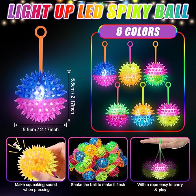 Sotiff 100 Pcs Light up Ball Spiky LED Bouncy Ball Halloween Flashing Squeaky Toy Rubber Toy Carnival Prizes Grad Party Favor Goodie Bag Fillers Stocking Stuffers Gifts