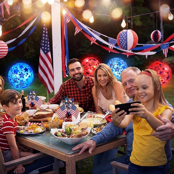 6 Pcs 4th of July Light up Beach Balls 12 Inch Patriotic Light up Beach Balls Bulk Giant Inflatable Red White and Blue Ball for Adults 250th Anniversary Beachy Summer Pool Outdoor Decor